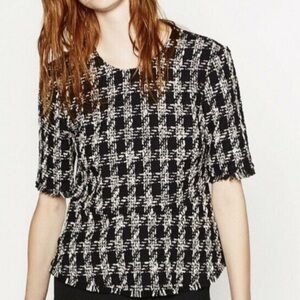 Zara Tweed Houndstooth Peplum Top with Raw Hem